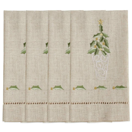 Fennco Styles Embroidered and Hemstitched Design Topiary Linen-Poly Guest Towels 14 x 22 Inch, Set of 4 – Natural Modern Hand Towels for Christmas, Bathroom Decor, Bar Accessories, Wedding Gift