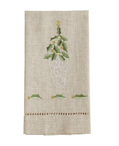 Fennco Styles Embroidered and Hemstitched Design Topiary Linen-Poly Guest Towels 14 x 22 Inch, Set of 4 – Natural Modern Hand Towels for Christmas, Bathroom Decor, Bar Accessories, Wedding Gift