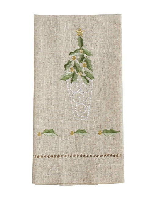 Fennco Styles Embroidered and Hemstitched Design Topiary Linen-Poly Guest Towels 14 x 22 Inch, Set of 4 – Natural Modern Hand Towels for Christmas, Bathroom Decor, Bar Accessories, Wedding Gift