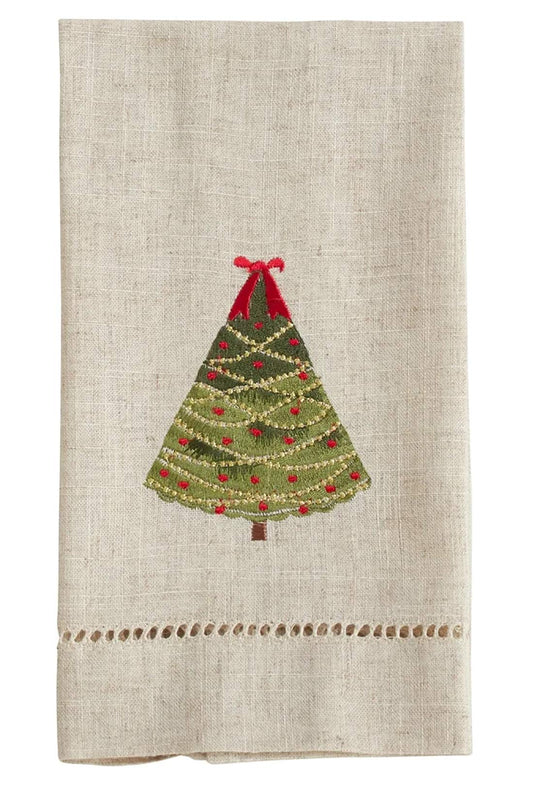 Fennco Styles Embroidered and Hemstitched Design Ribbon Christmas Tree Linen-Poly Guest Towels 14 x 22 Inch, Set of 4 – Natural Modern Hand Towels for Bathroom Decor, Bar Accessories, Wedding Gift