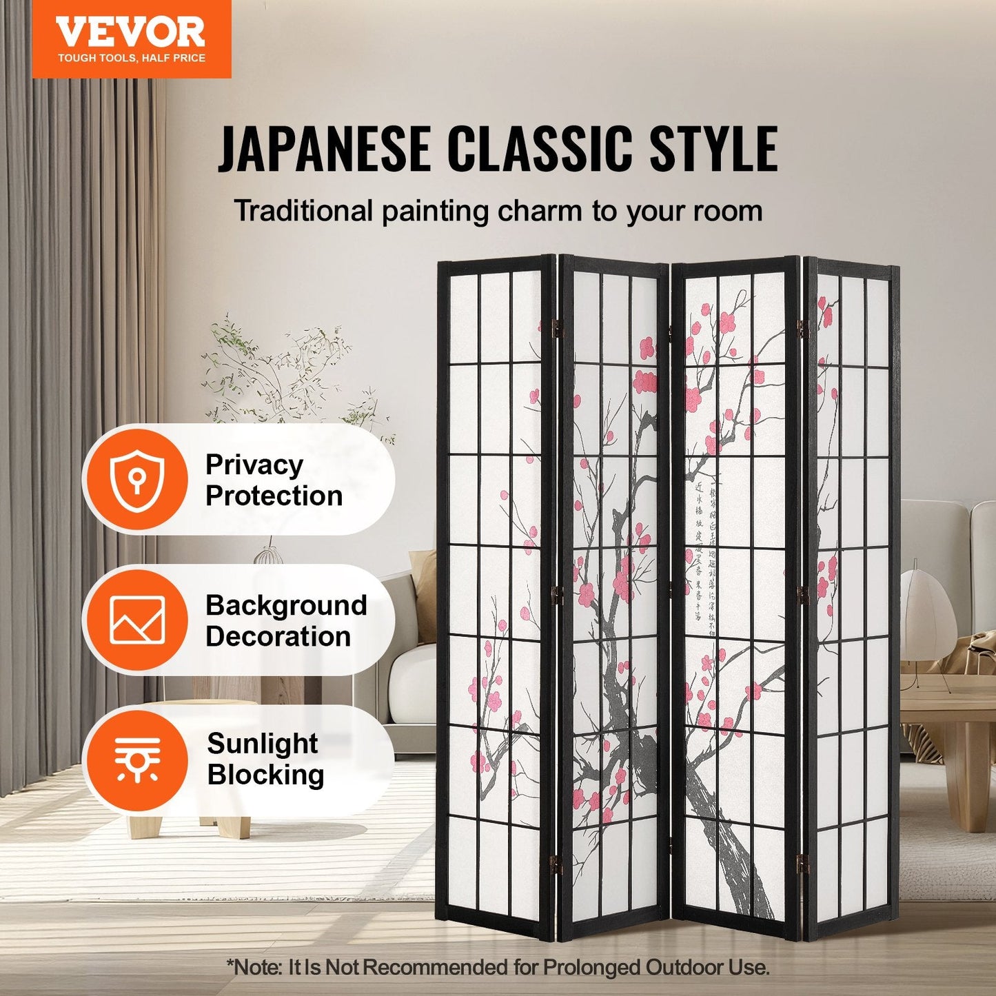 4 Panel Wood Japanese Room Divider Screen for Room Separation Home Office Restaurant & Bedroom