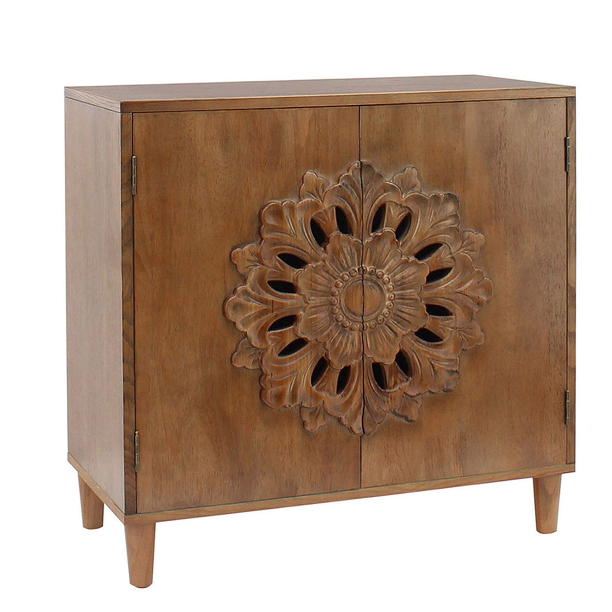 Rustic Hand-Carved Wooden 2-Door Cabinet with Floral Detailing - Natural Wood