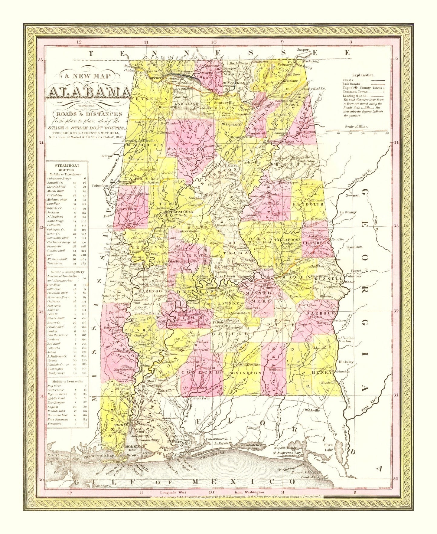 Vintage Map of Alabama 1847