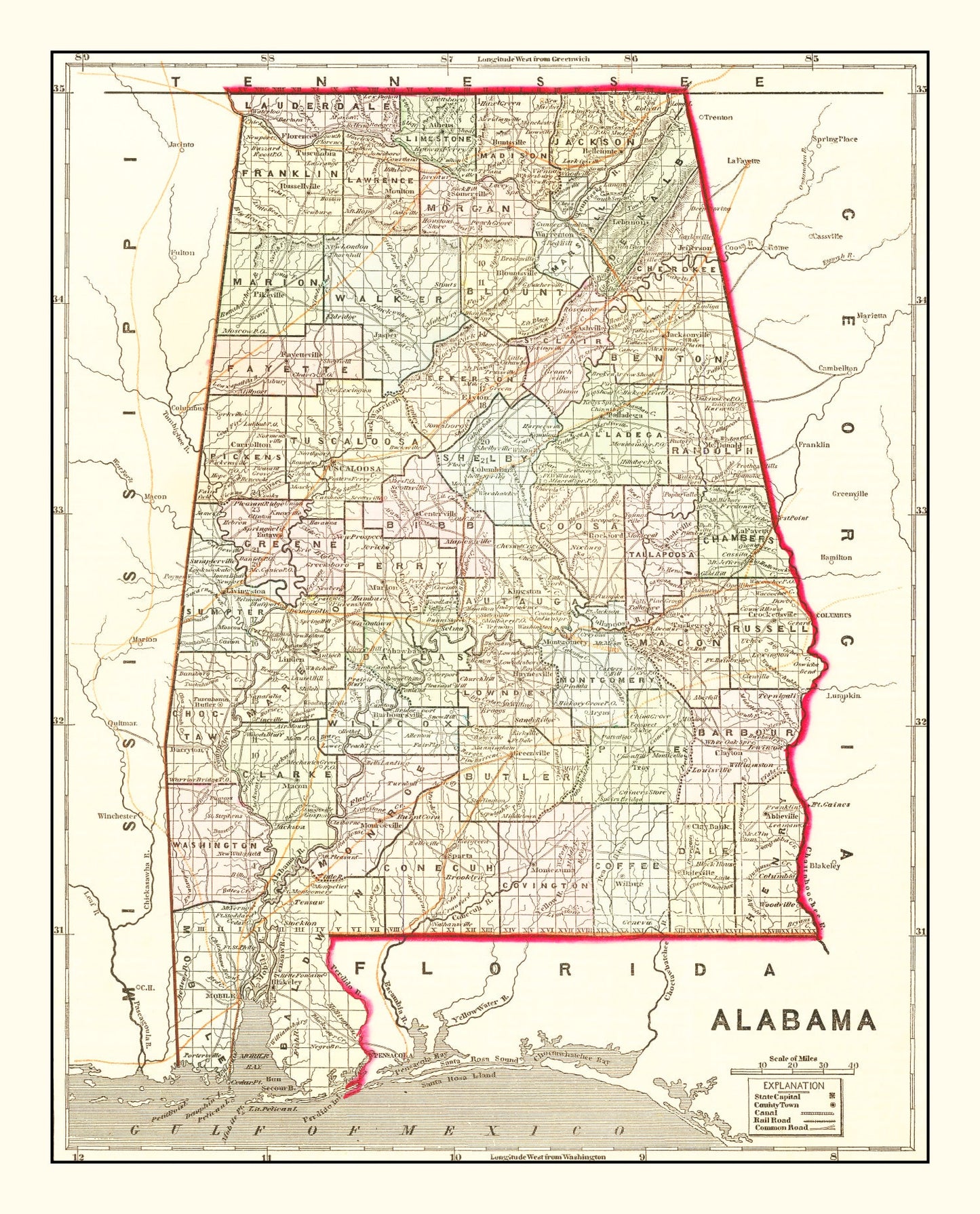 Vintage Map of Alabama 1856