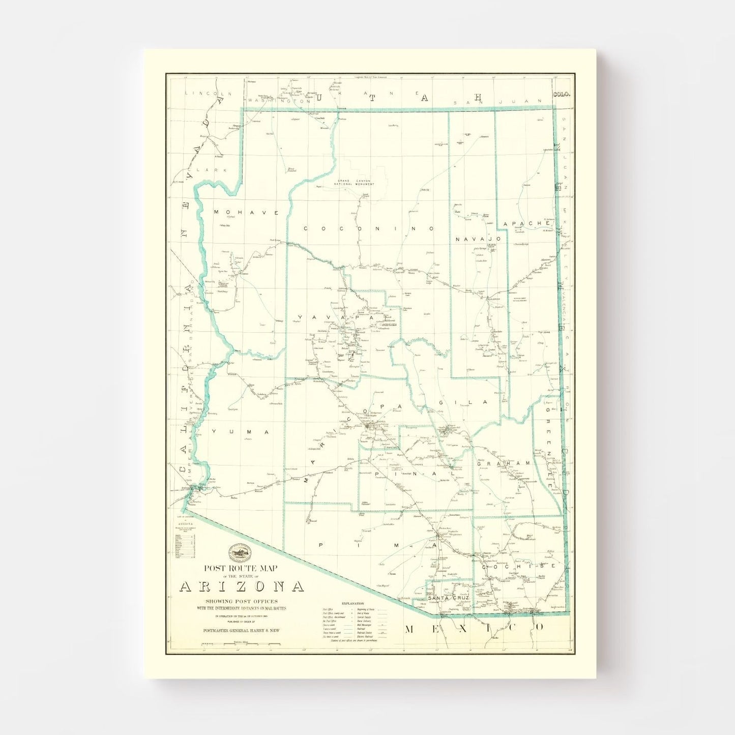 Vintage Arizona Post Route Map 1925