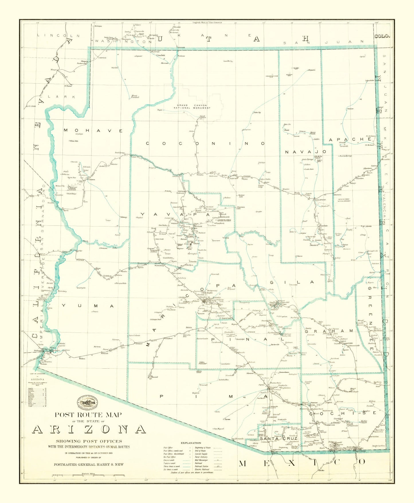 Vintage Arizona Post Route Map 1925