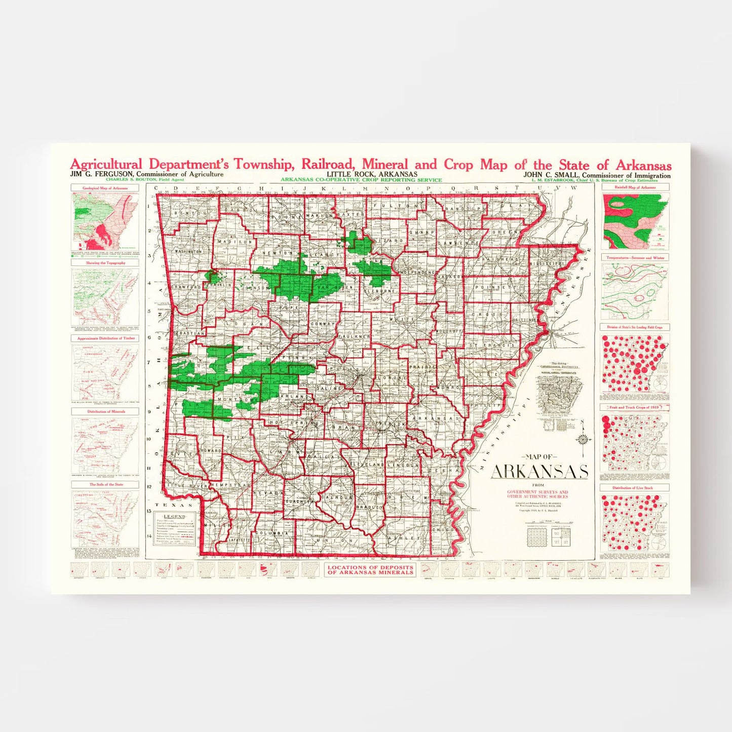 Vintage Map of Arkansas 1919