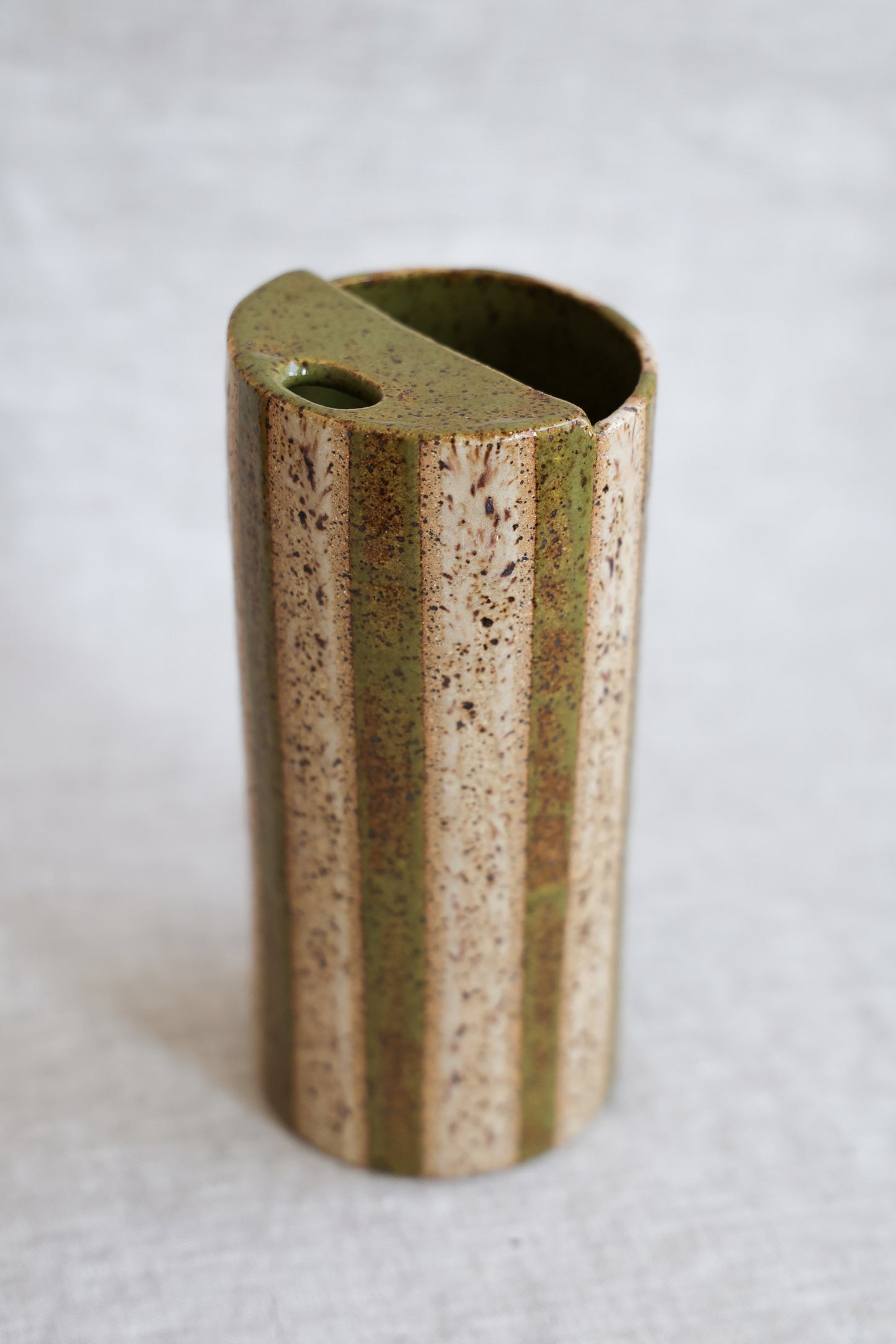 Olive and Neutral Striped Speckled Travel Mug, To Go Cup, On The Go Cup, Ceramic Travel Mug 14-16 oz.