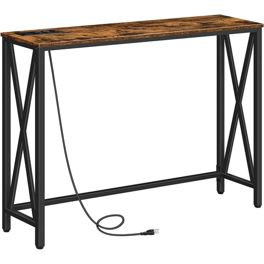 Rustic Brown Sofa Table With Power Outlet And USB Ports