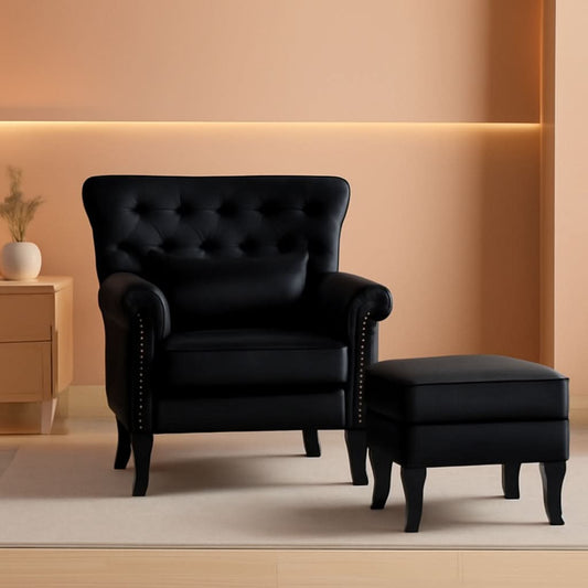Elegant Black Velvet Wingback Chair With Ottoman Set