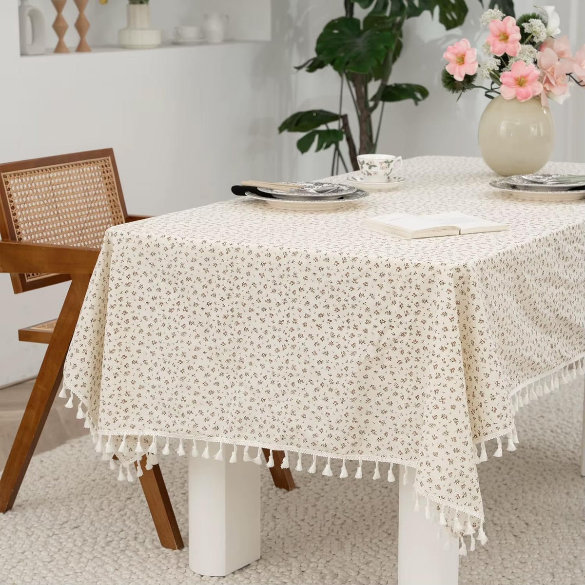 Fennco Styles Spring Floral White Cotton Tablecloth with Tassel – 56" W X 56" L Delicate Botanical Print Table Cover for Dining Room, Tea Party, Banquet or Spring Decor