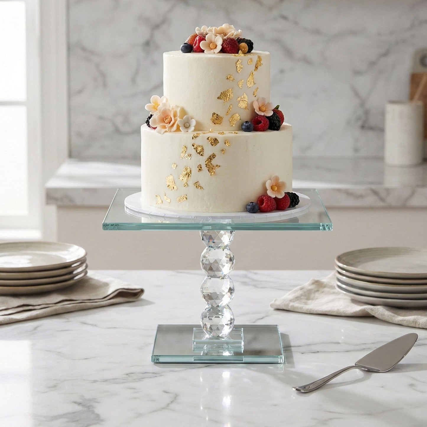 Exquisite Crystal Dessert Stand with Mirror Pedestal Base