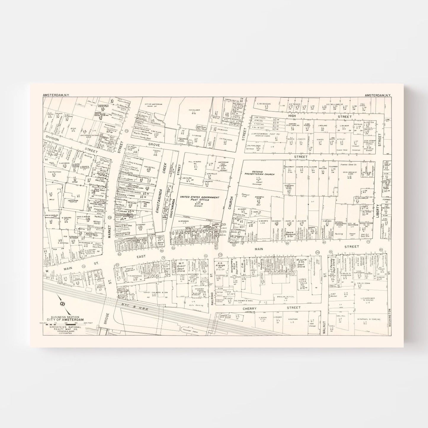 Vintage Map of Amsterdam, NY Business Section 1947