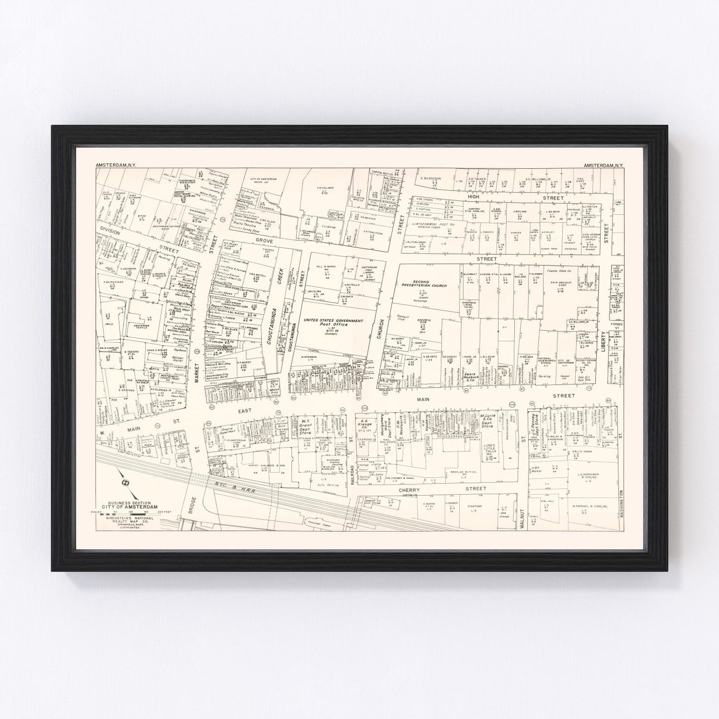 Vintage Map of Amsterdam, NY Business Section 1947