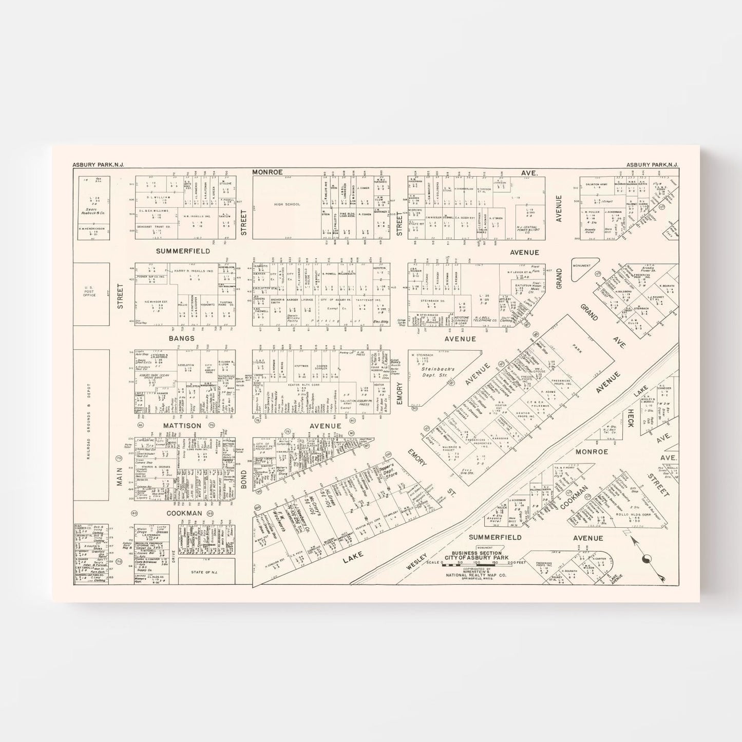 Vintage Map of Asbury Park, NJ Business Section 1947