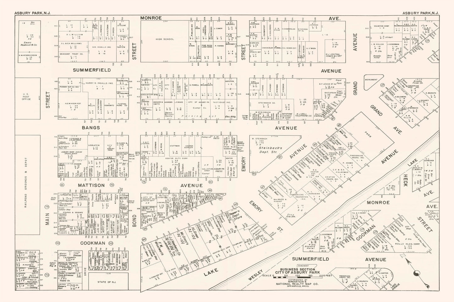 Vintage Map of Asbury Park, NJ Business Section 1947