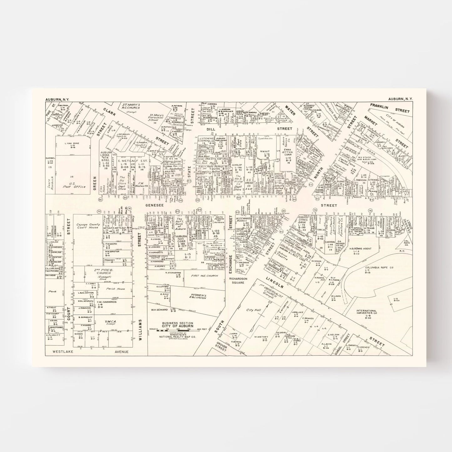 Vintage Map of Auburn, NY Business Section 1947