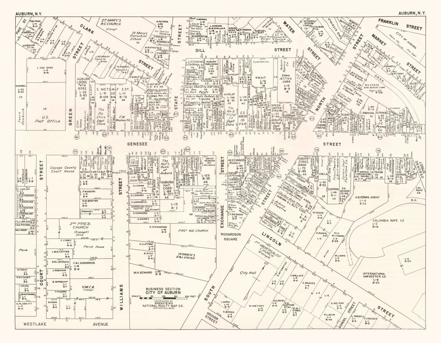 Vintage Map of Auburn, NY Business Section 1947