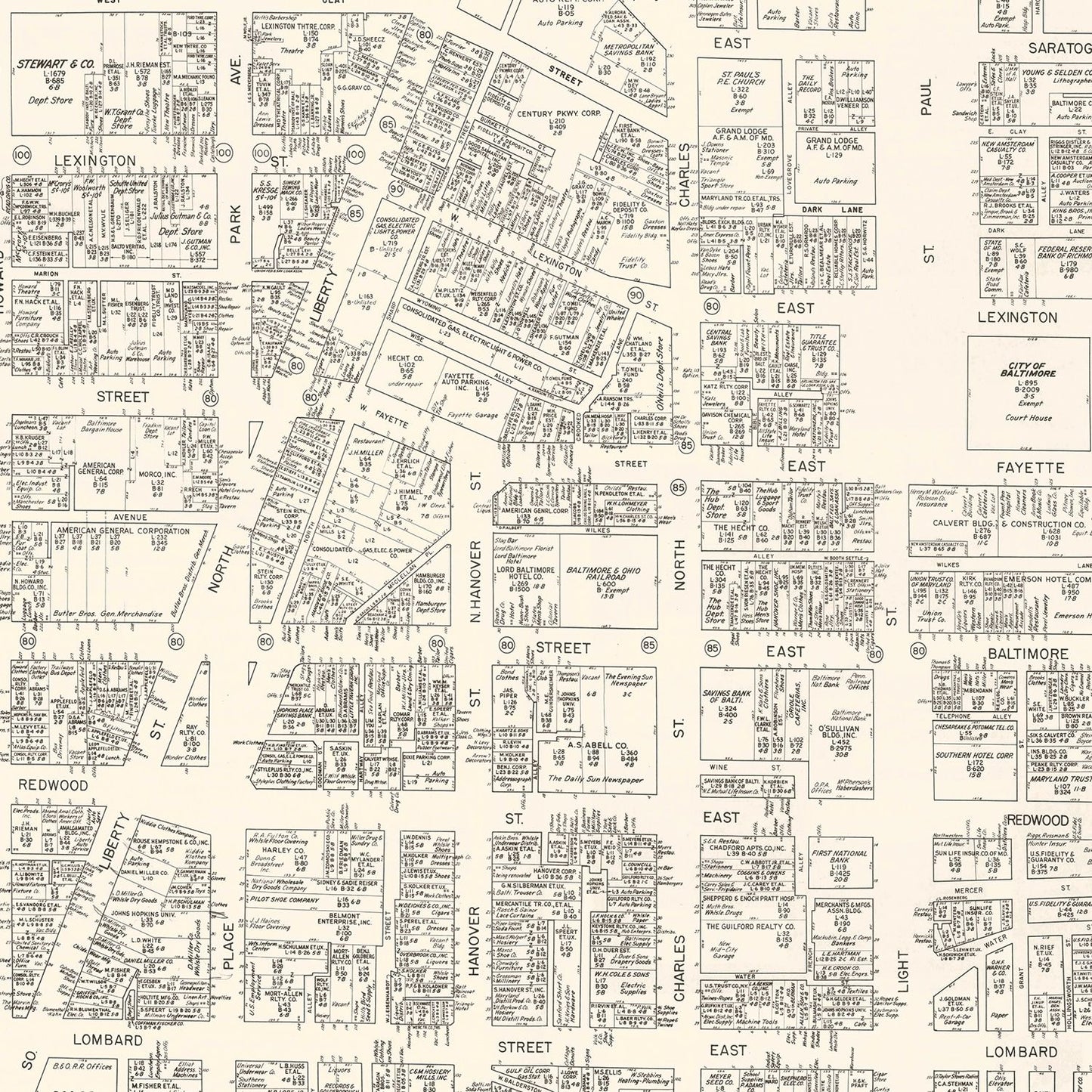 Vintage Map of Baltimore, MD Business Section 1947