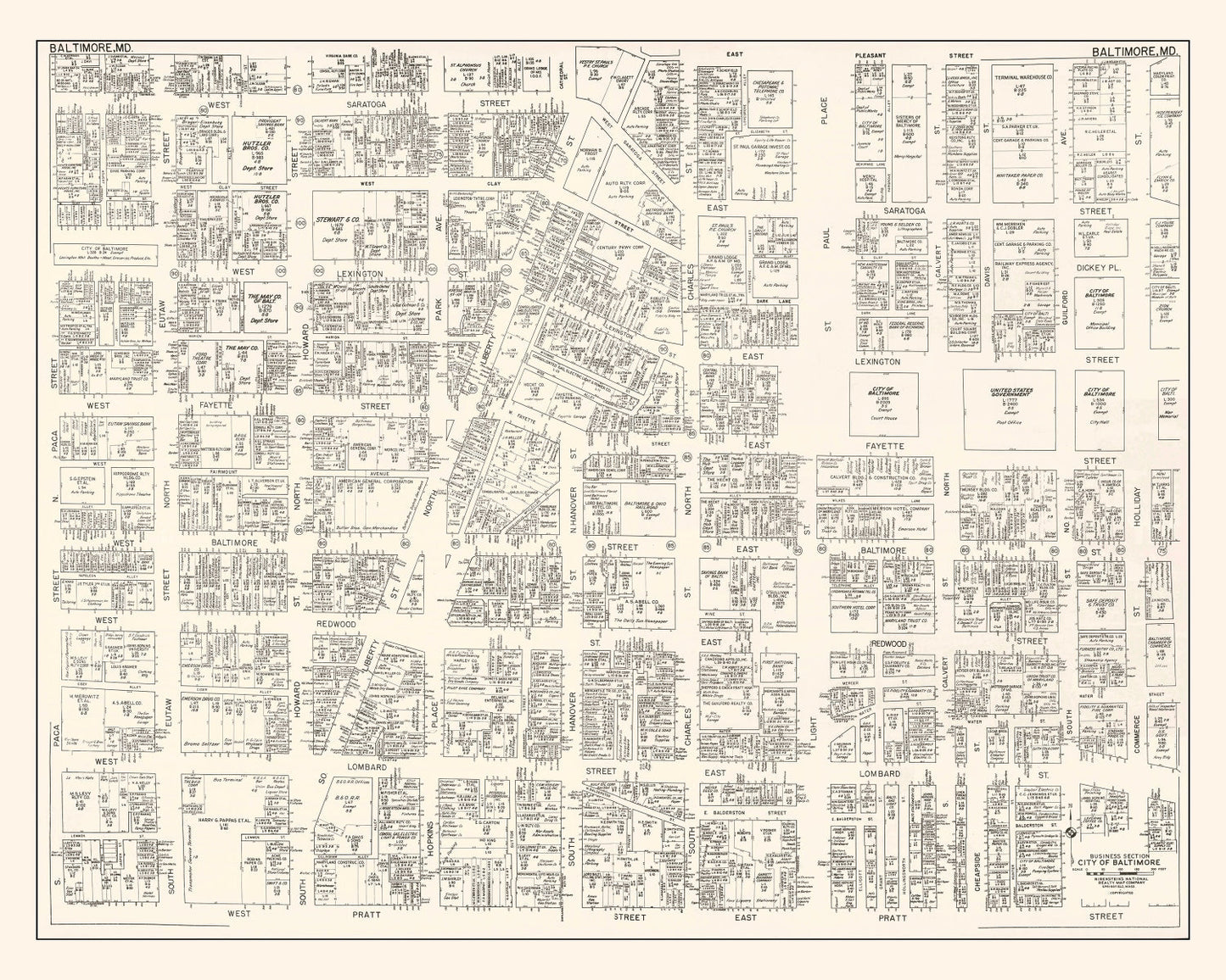 Vintage Map of Baltimore, MD Business Section 1947