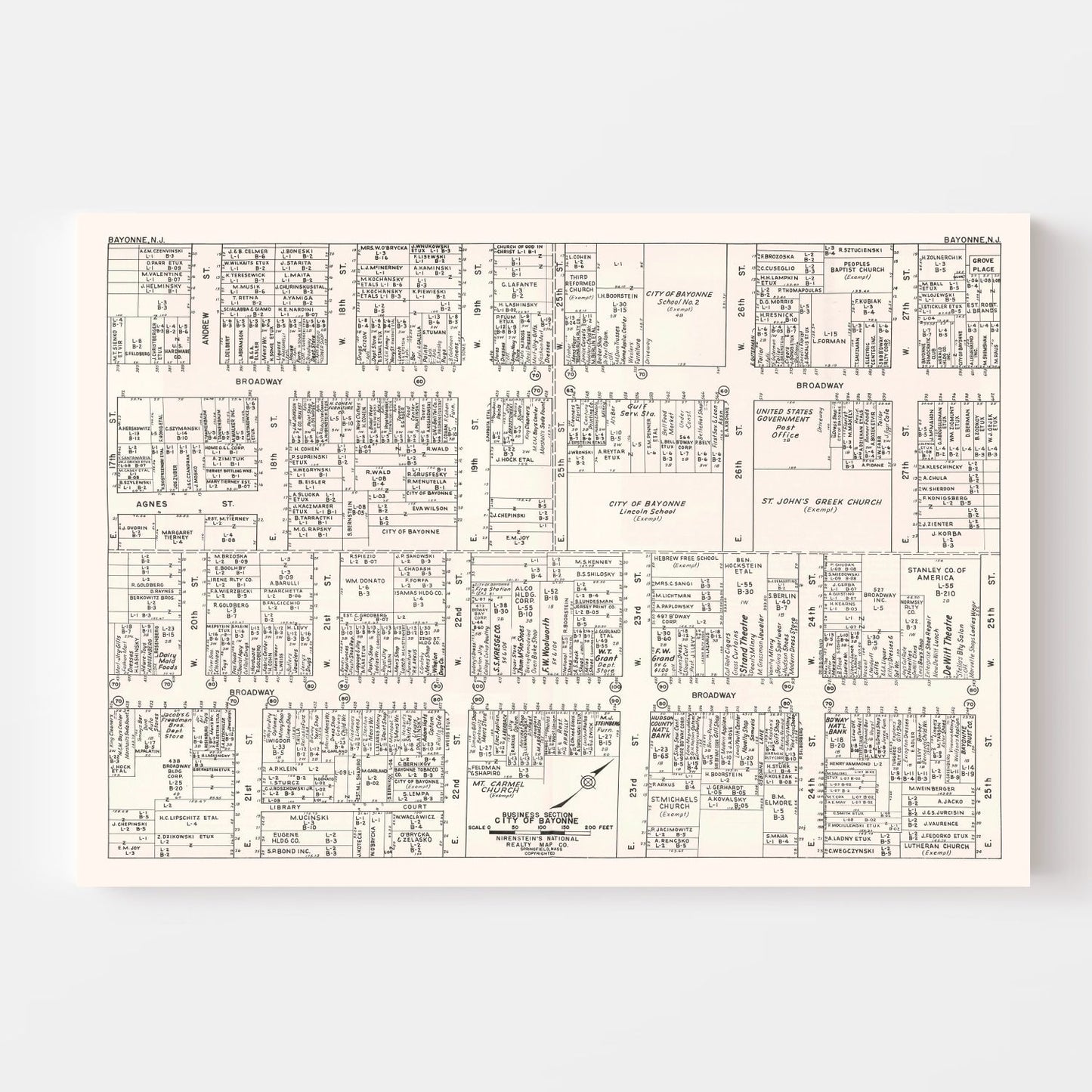 Vintage Map of Bayonne, NJ Business Section 1947
