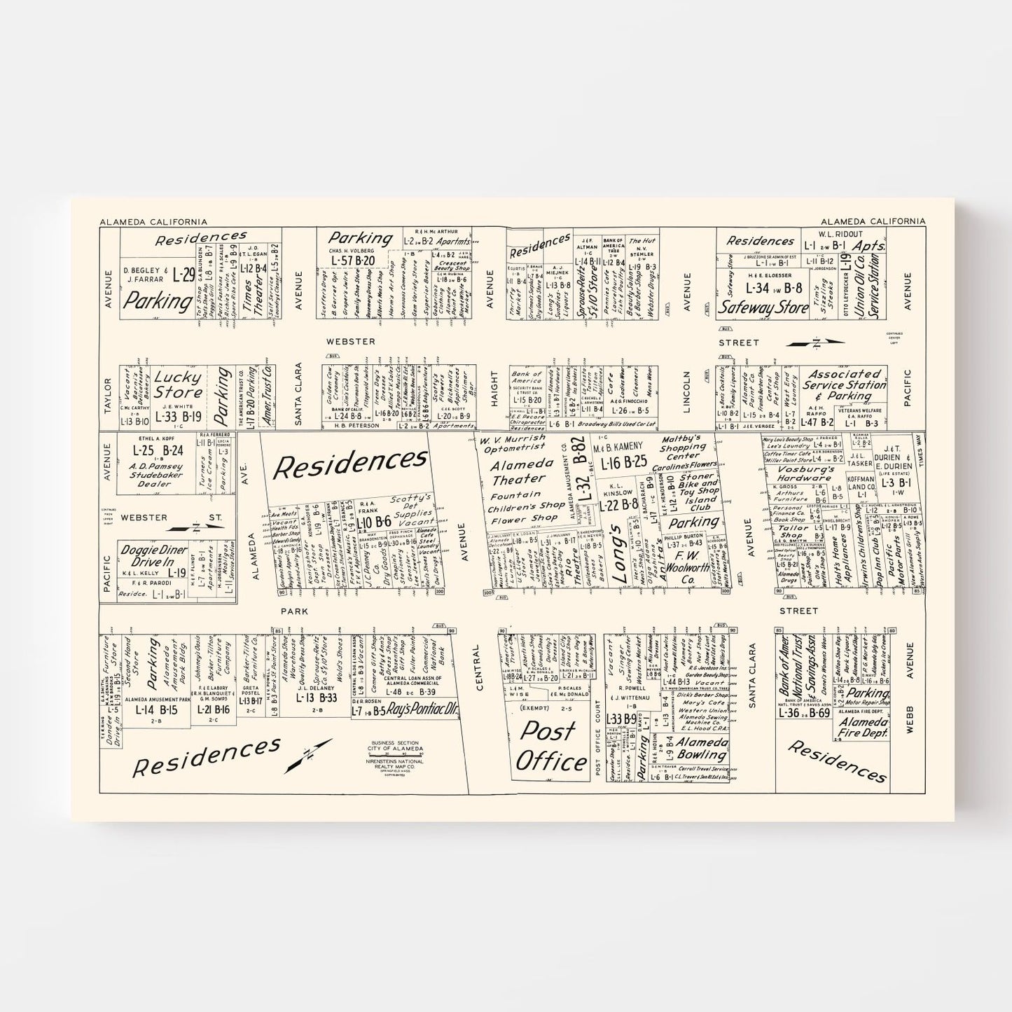 Vintage Map of Alameda, CA Business Section 1952