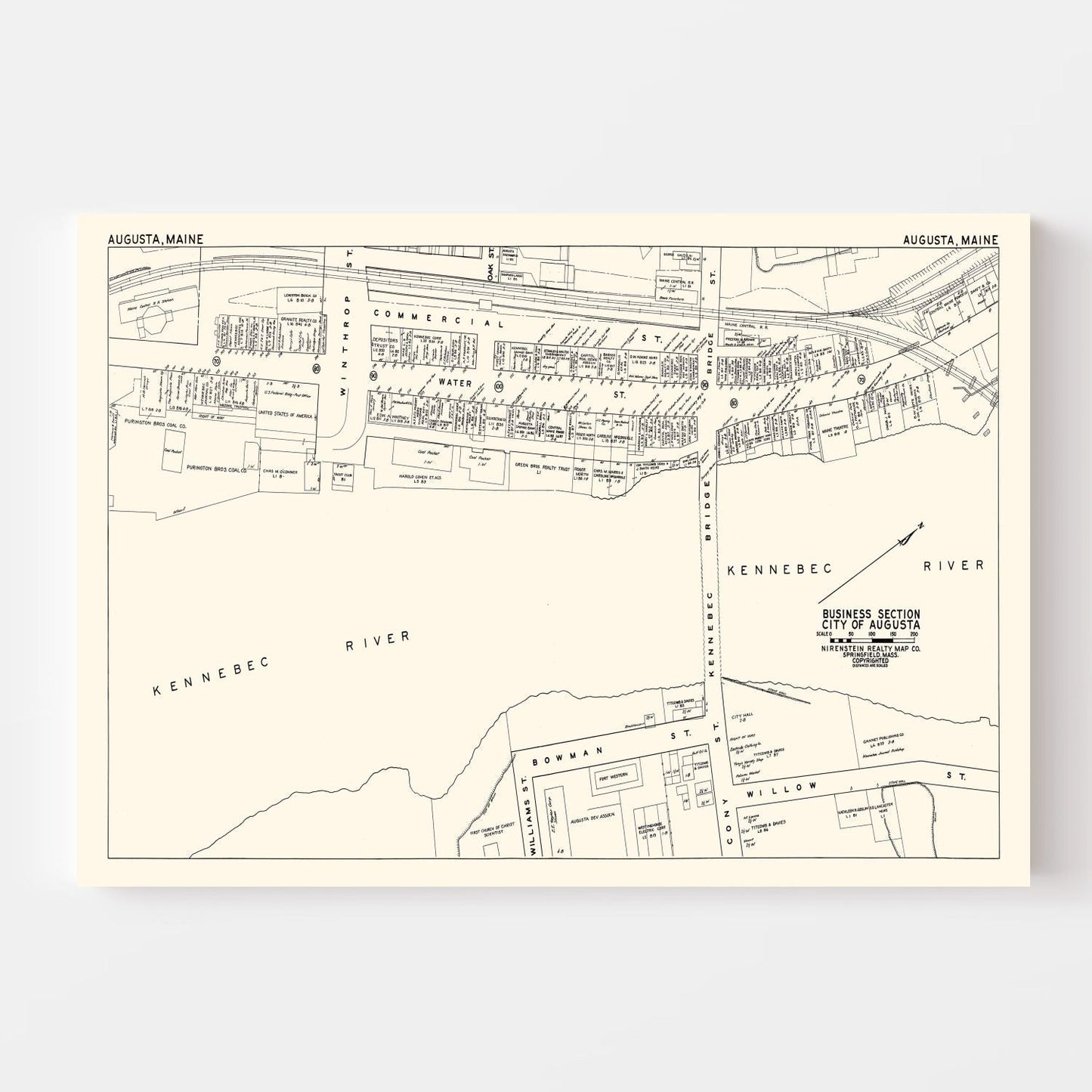 Vintage Map of Augusta, ME Business Section 1946
