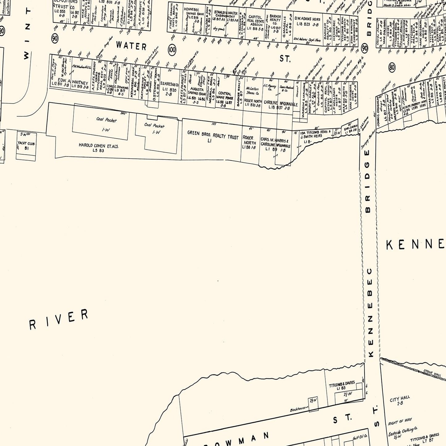 Vintage Map of Augusta, ME Business Section 1946