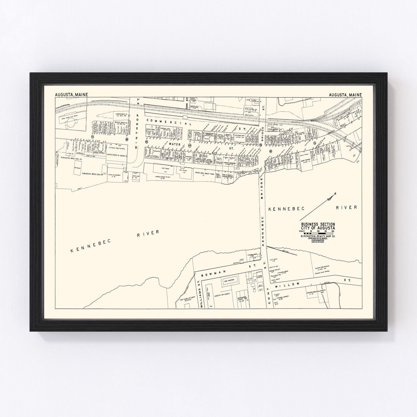 Vintage Map of Augusta, ME Business Section 1946