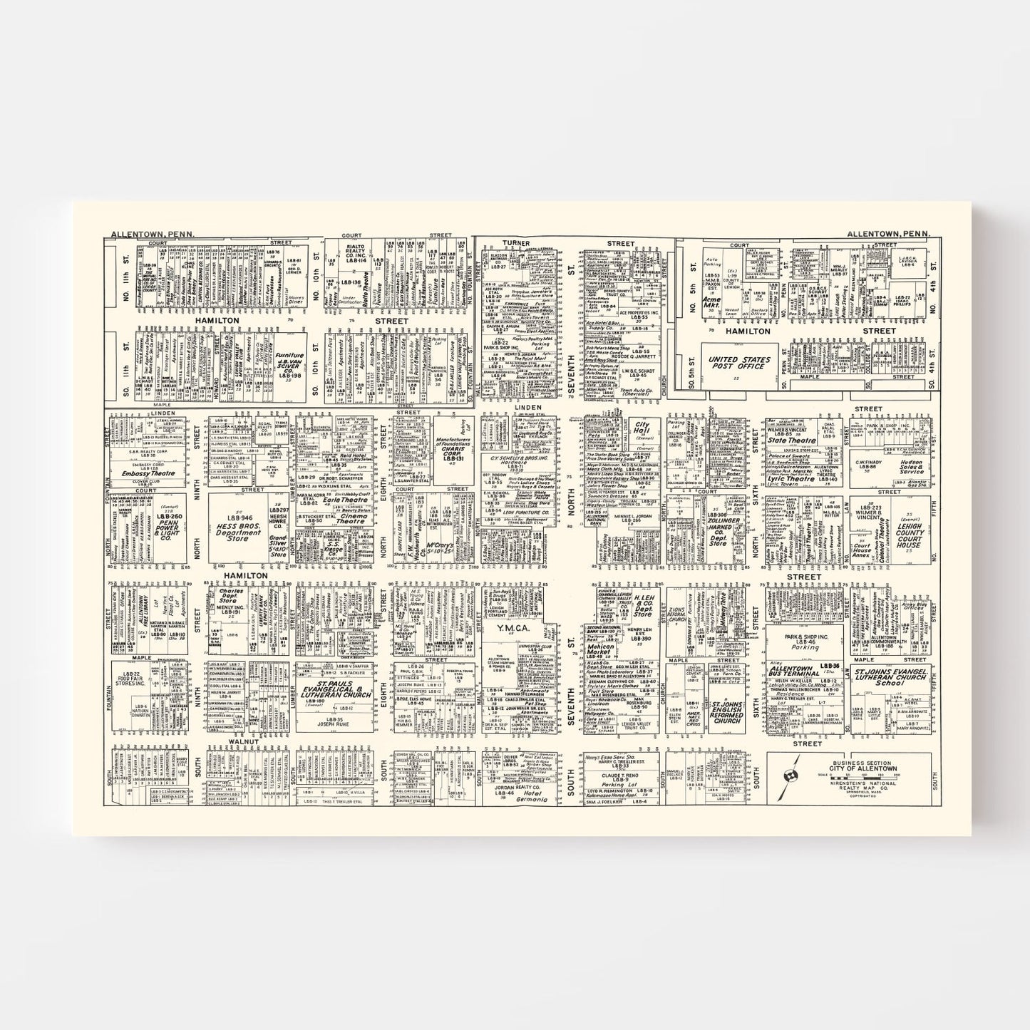 Vintage Map of Allentown, PA Business Section 1950