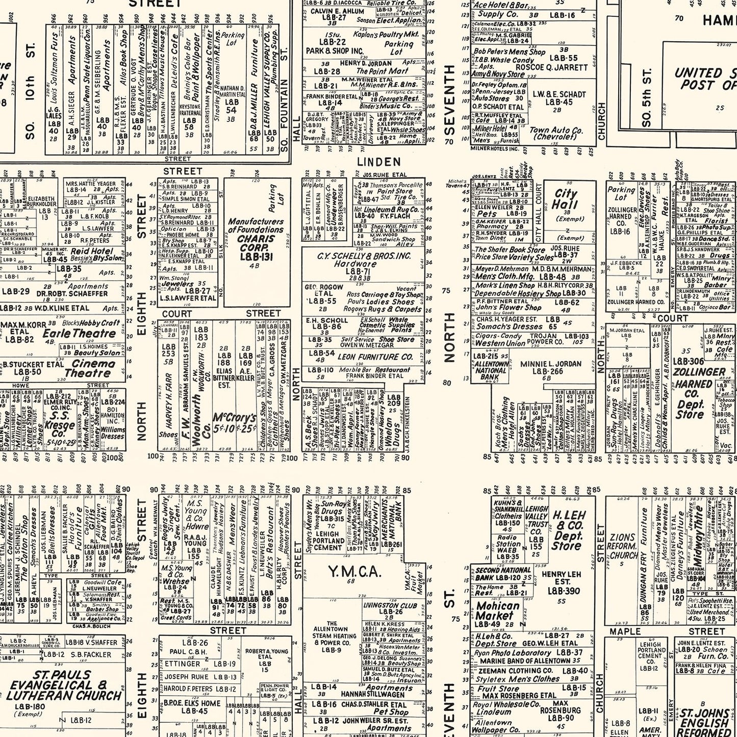 Vintage Map of Allentown, PA Business Section 1950