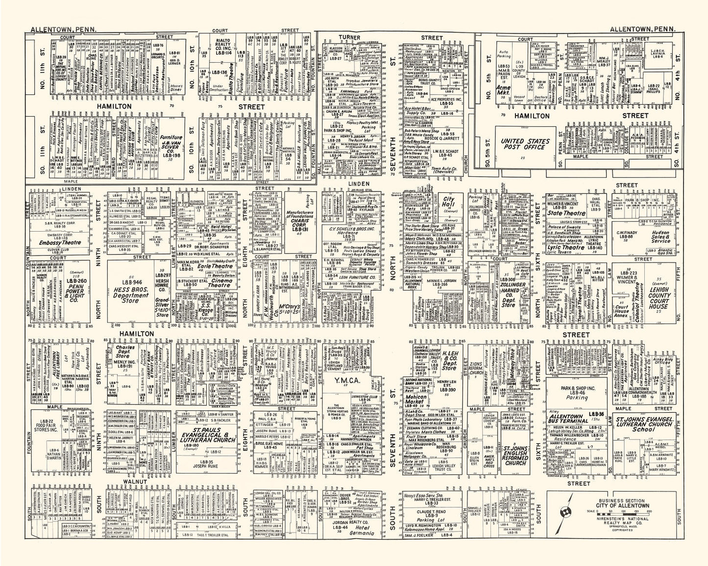 Vintage Map of Allentown, PA Business Section 1950