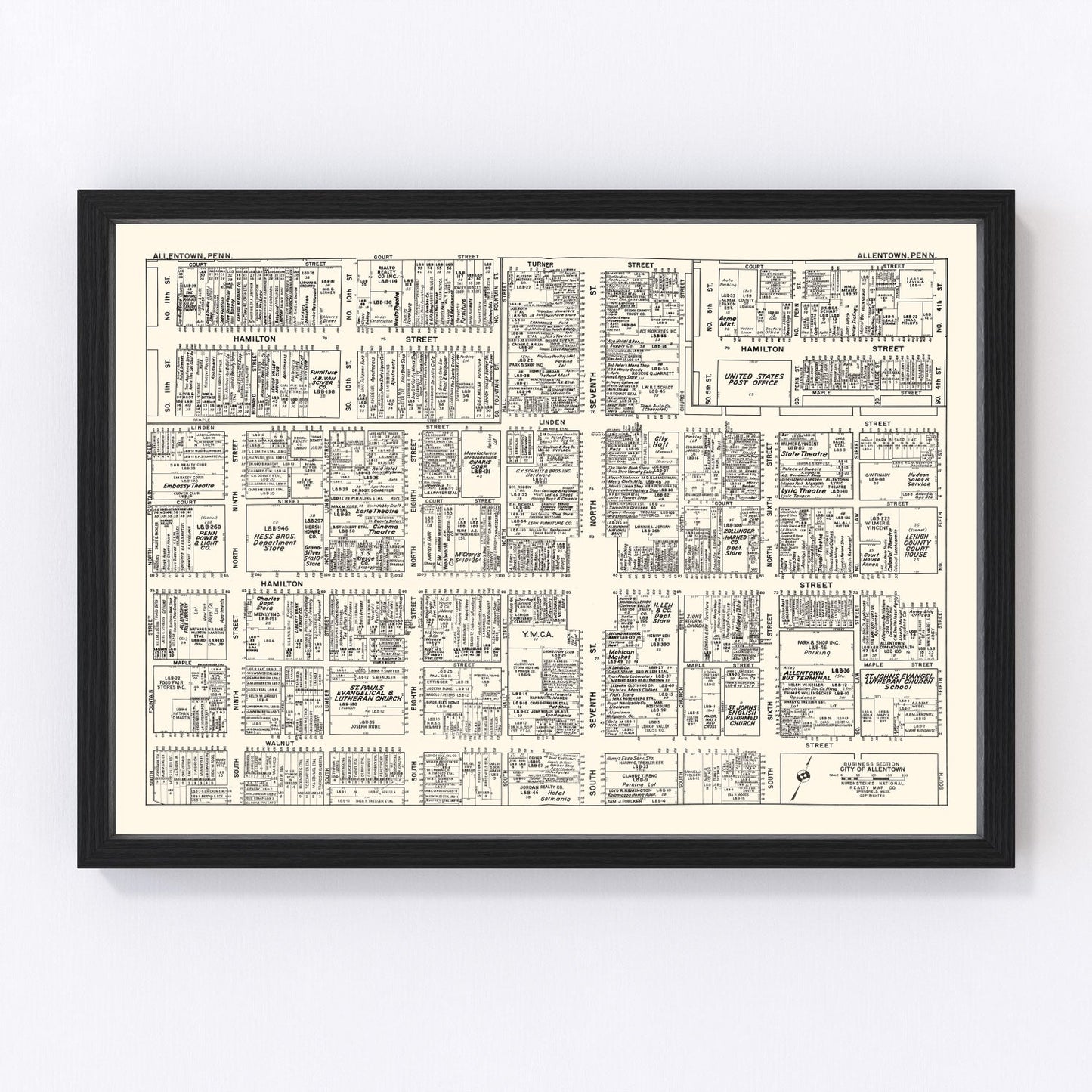 Vintage Map of Allentown, PA Business Section 1950