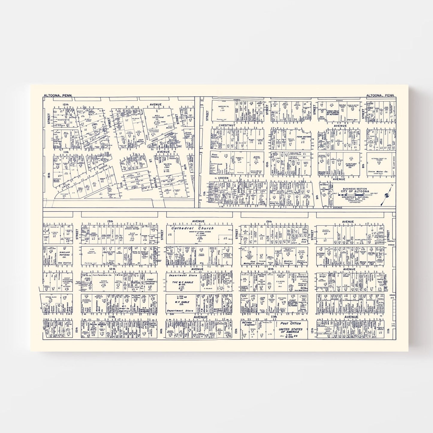 Vintage Map of Altoona, PA Business Section 1950
