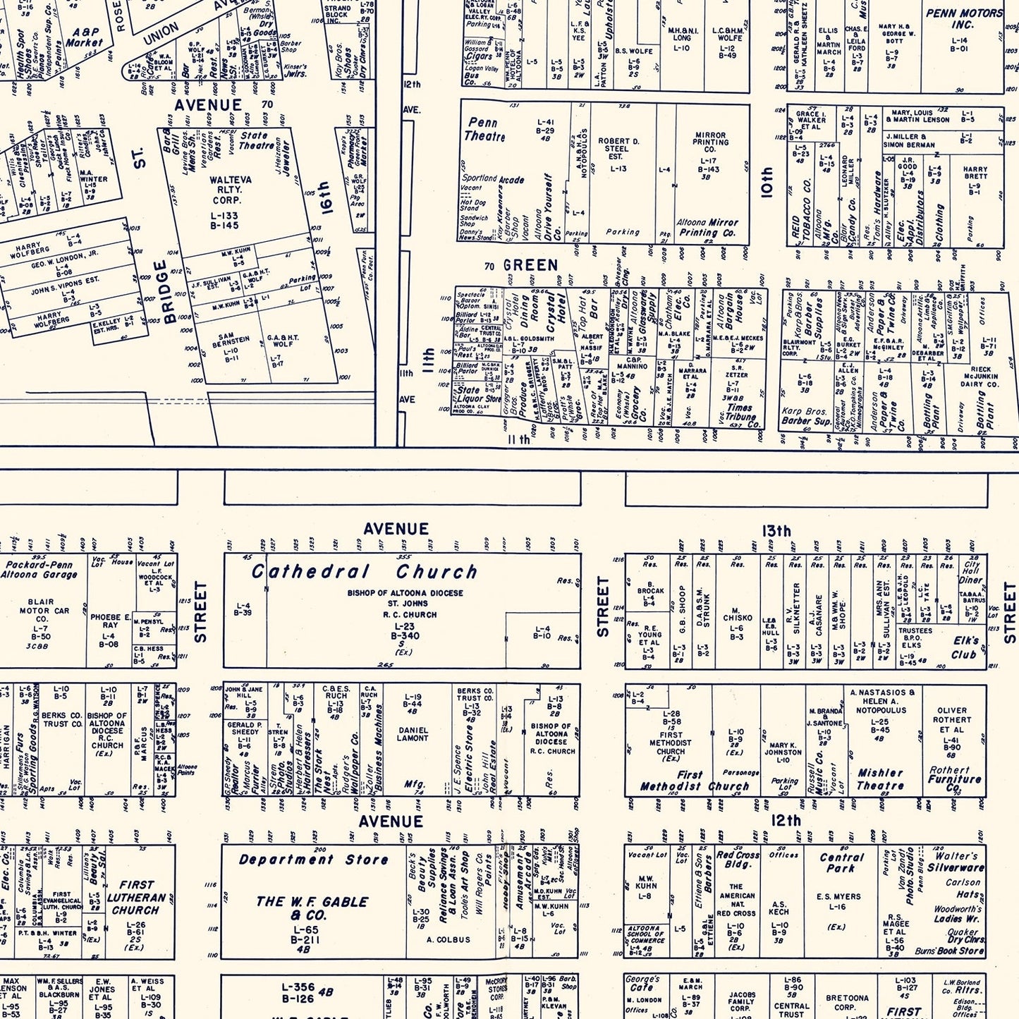 Vintage Map of Altoona, PA Business Section 1950