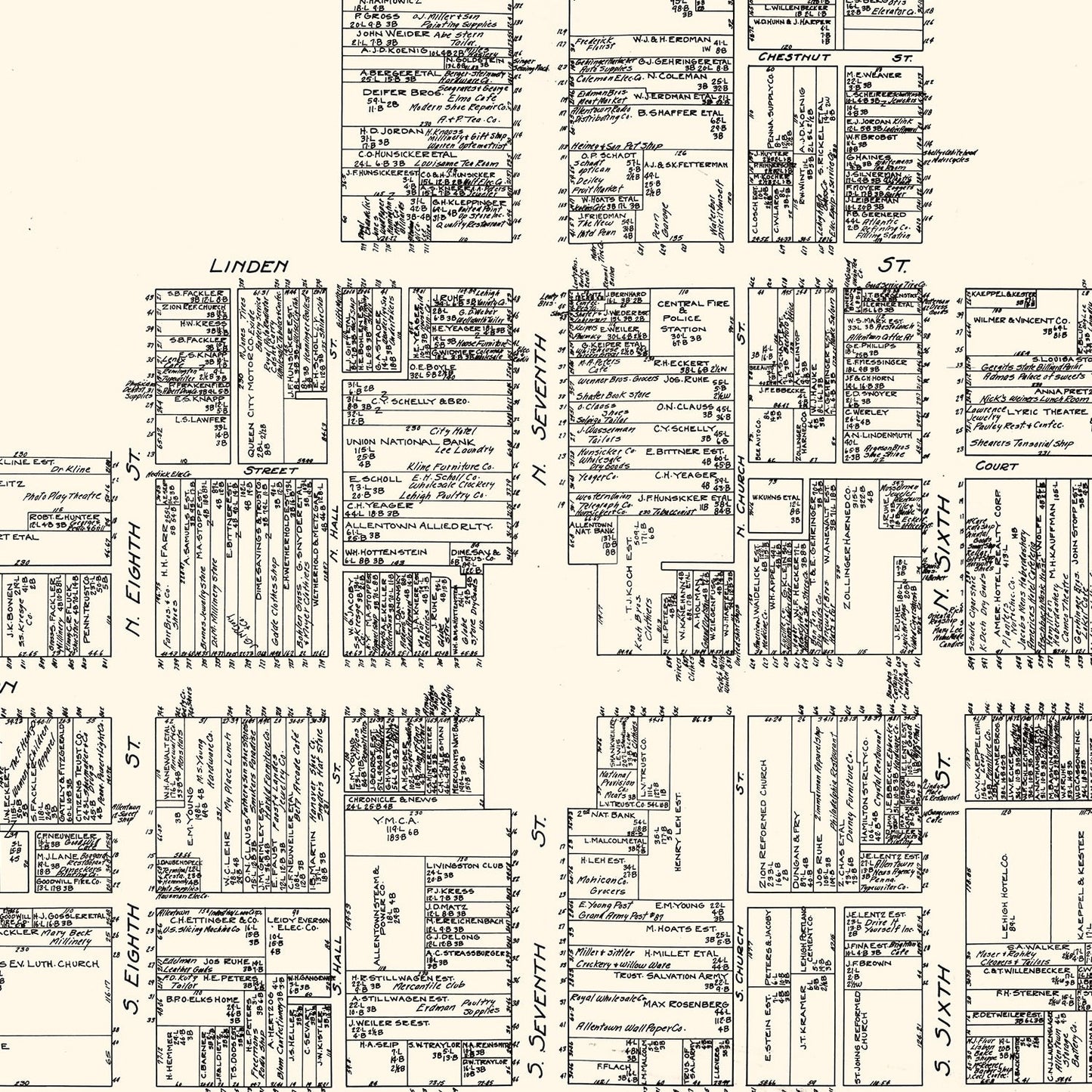 Vintage Map of Allentown, PA Business Section 1929