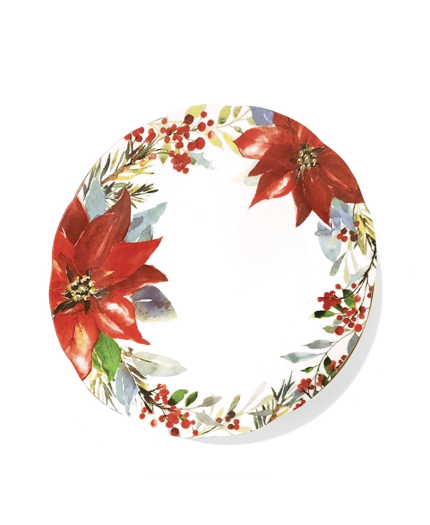 POINSETTIA PARTY 16 PC DINNER SET DP 10.5" SP 7.5" BOWL 6"D MUG 16oz