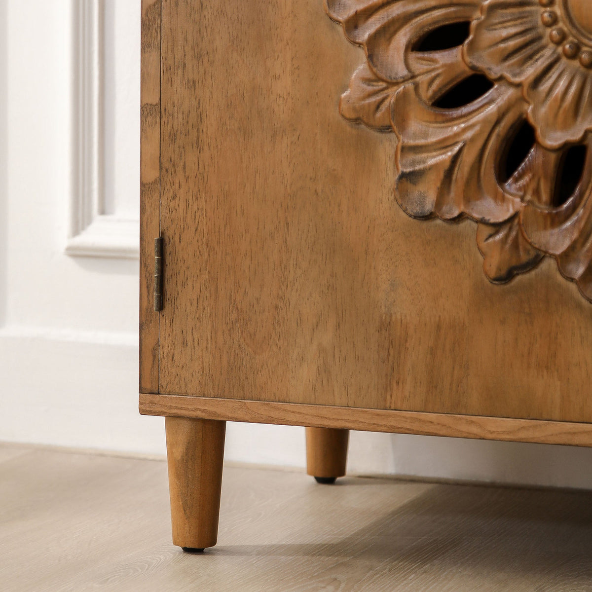 Rustic Hand-Carved Wooden 2-Door Cabinet with Floral Detailing - Natural Wood