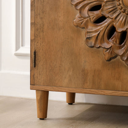 Rustic Hand-Carved Wooden 2-Door Cabinet with Floral Detailing - Natural Wood