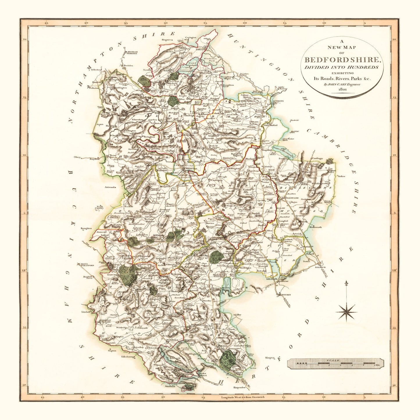 Vintage Map of Bedfordshire County England, 1801