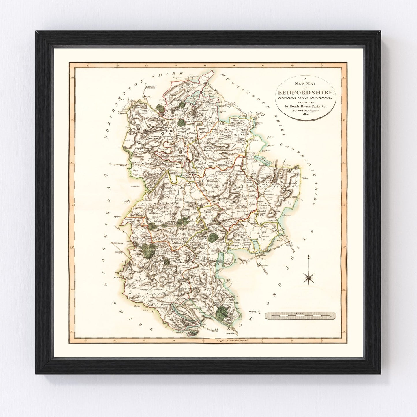 Vintage Map of Bedfordshire County England, 1801