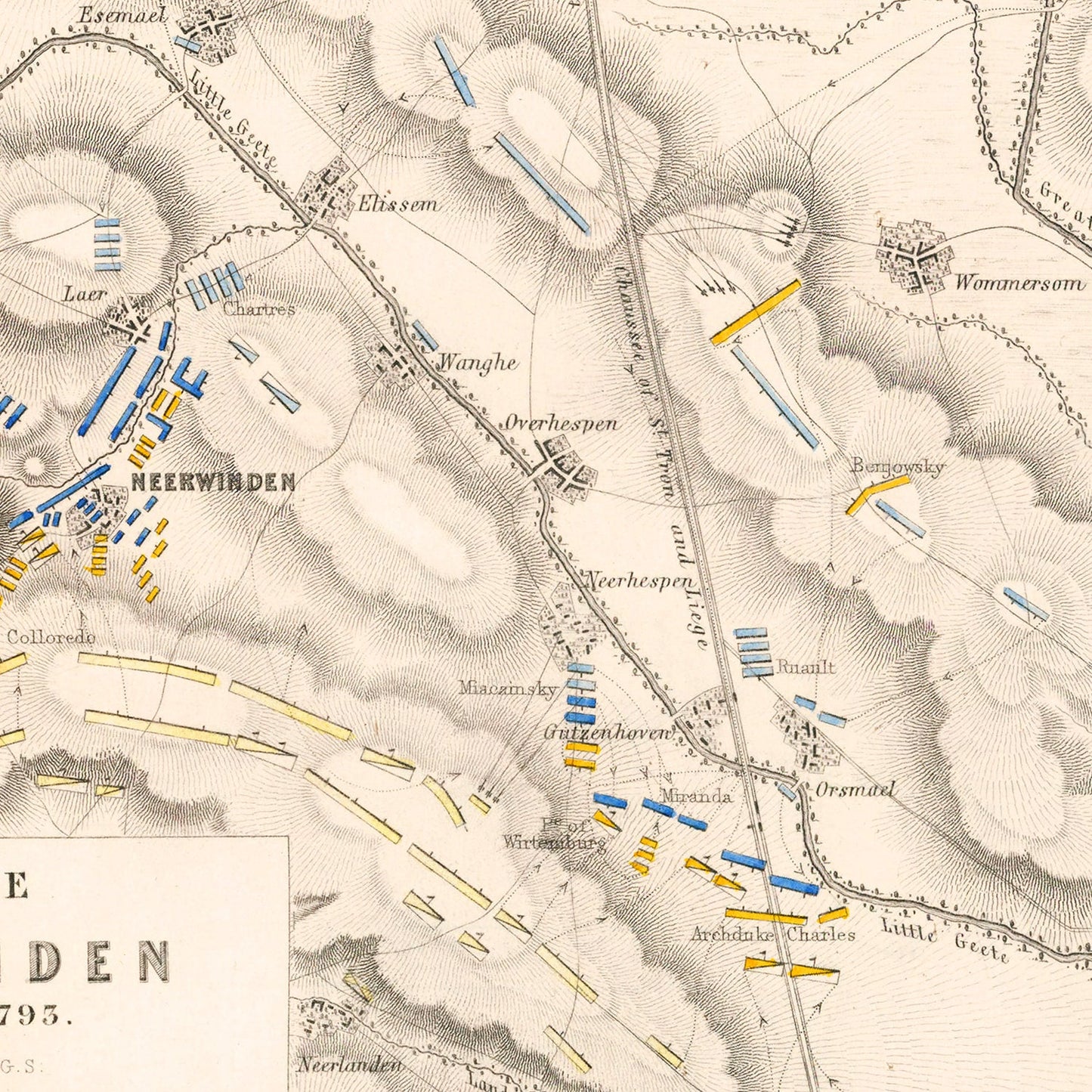 Vintage Map of the Battle of Neerwinden, 1793