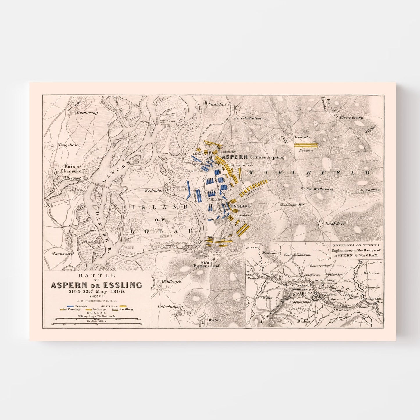 Vintage Map of the Battle of Aspern, 1809