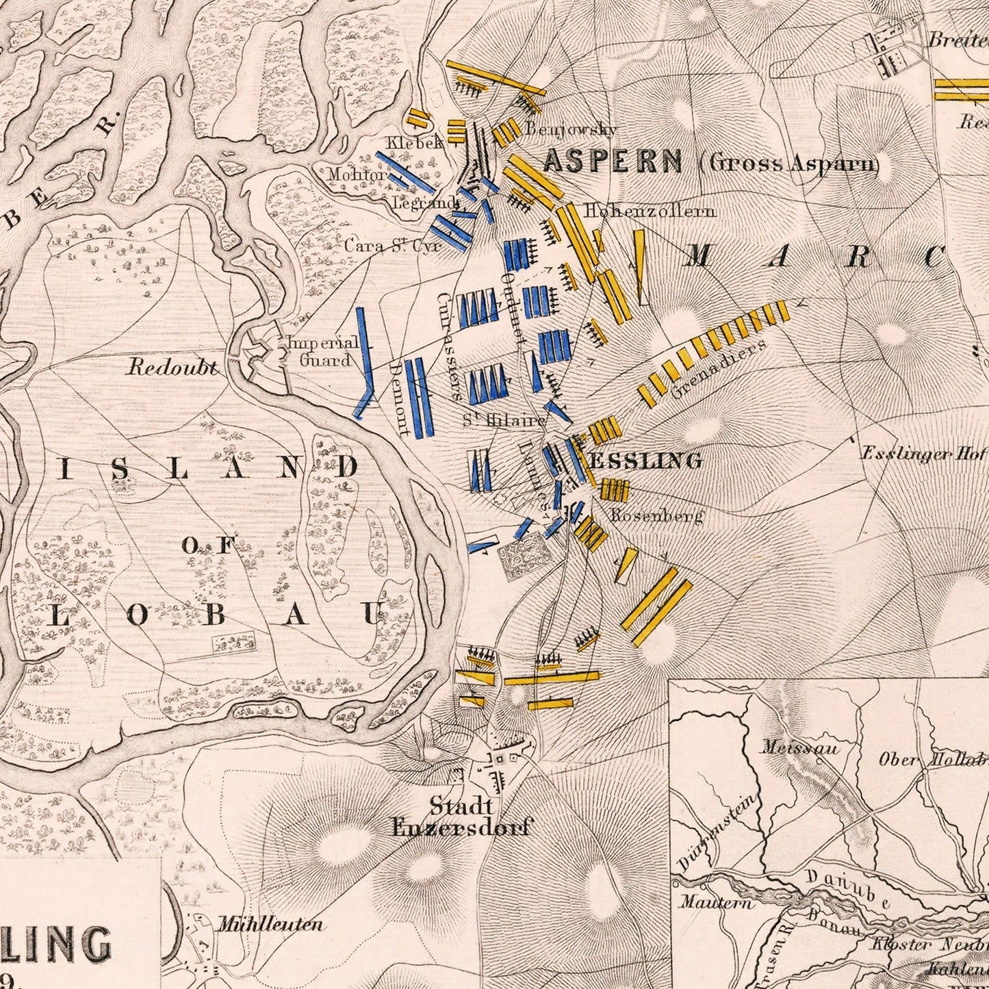 Vintage Map of the Battle of Aspern, 1809