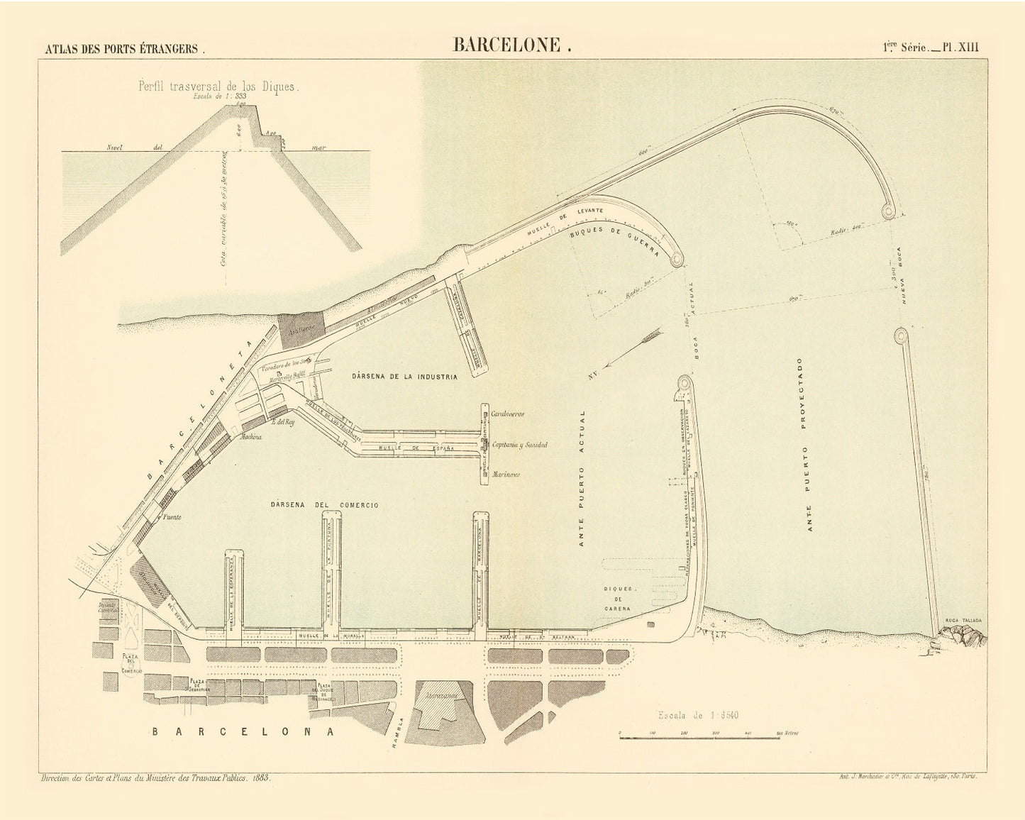 Vintage Map of Barcelona, Spain 1883