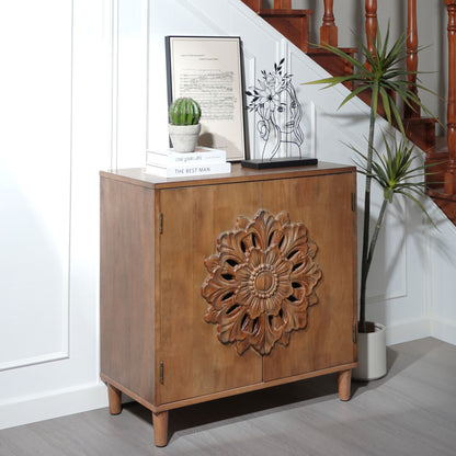 Rustic Hand-Carved Wooden 2-Door Cabinet with Floral Detailing - Natural Wood