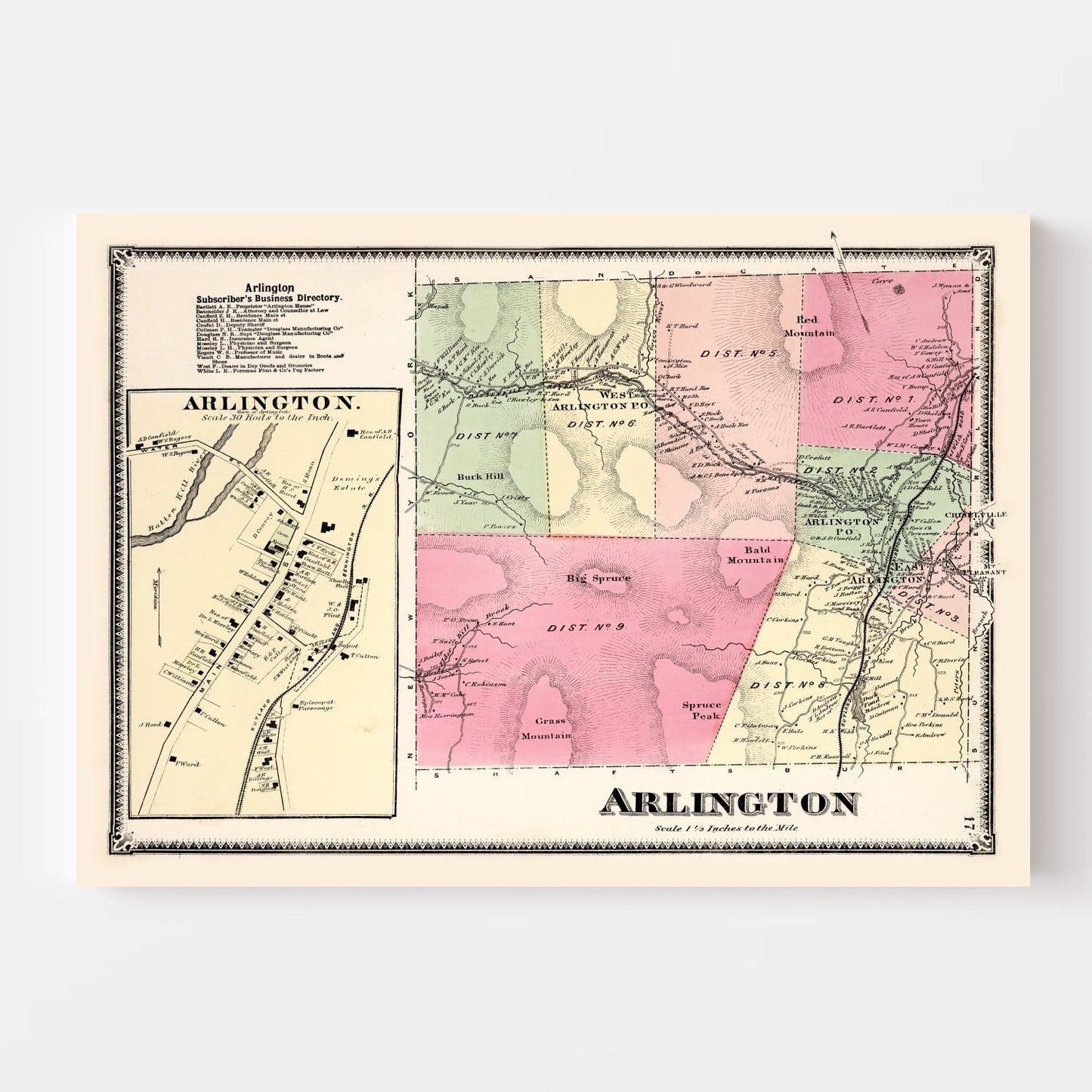 Vintage Map of Arlington Township, Bennington County, Vermont 1869