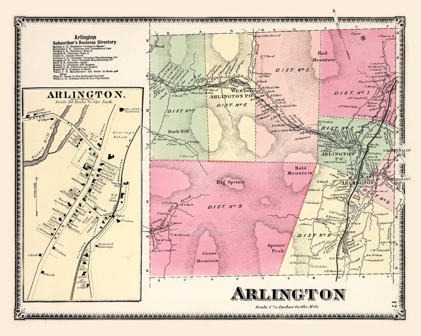 Vintage Map of Arlington Township, Bennington County, Vermont 1869