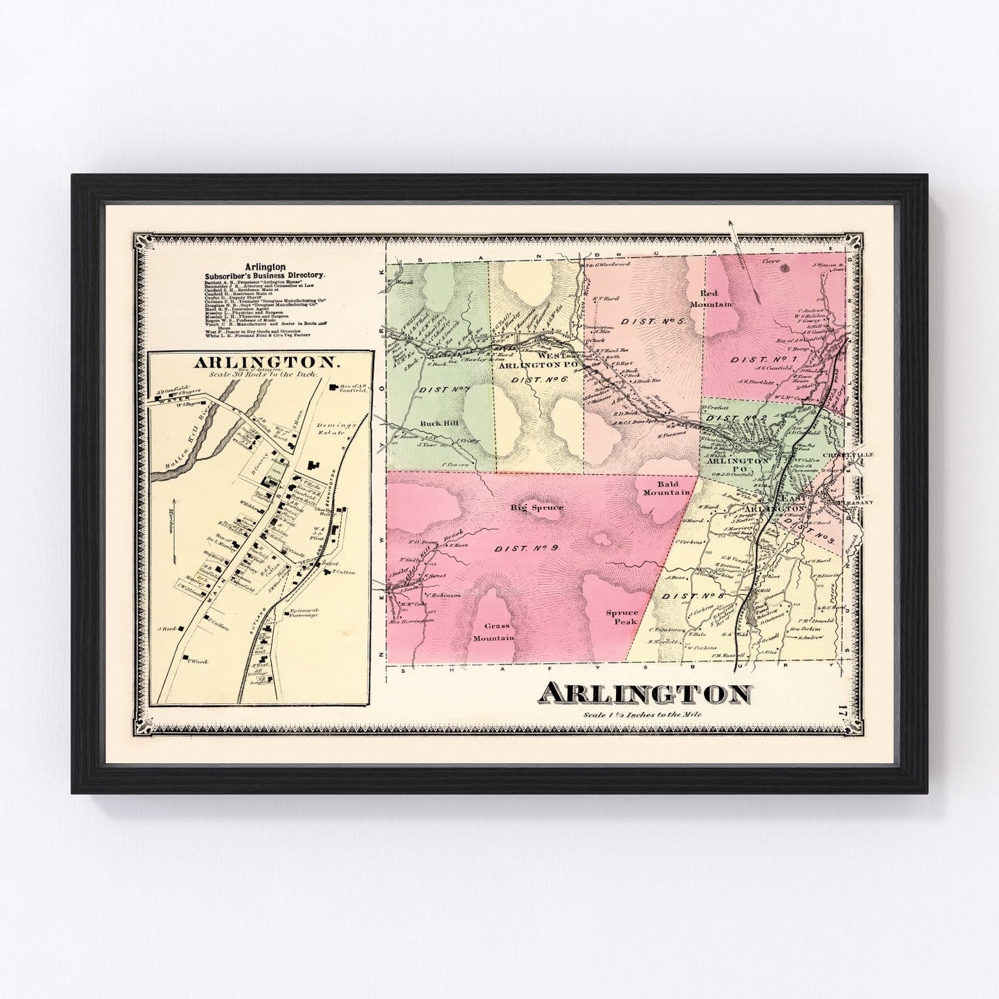 Vintage Map of Arlington Township, Bennington County, Vermont 1869