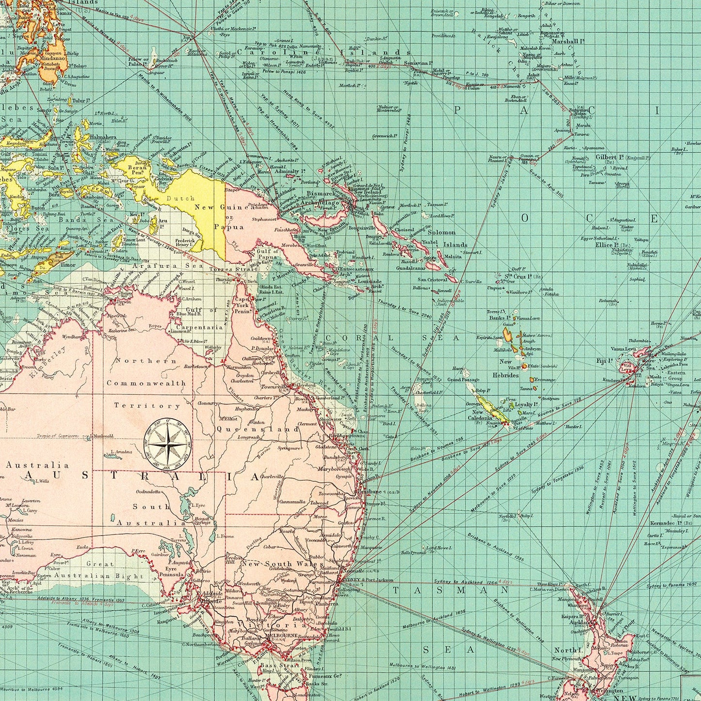 Vintage Map of Australasian & Polynesian Ports, 1922